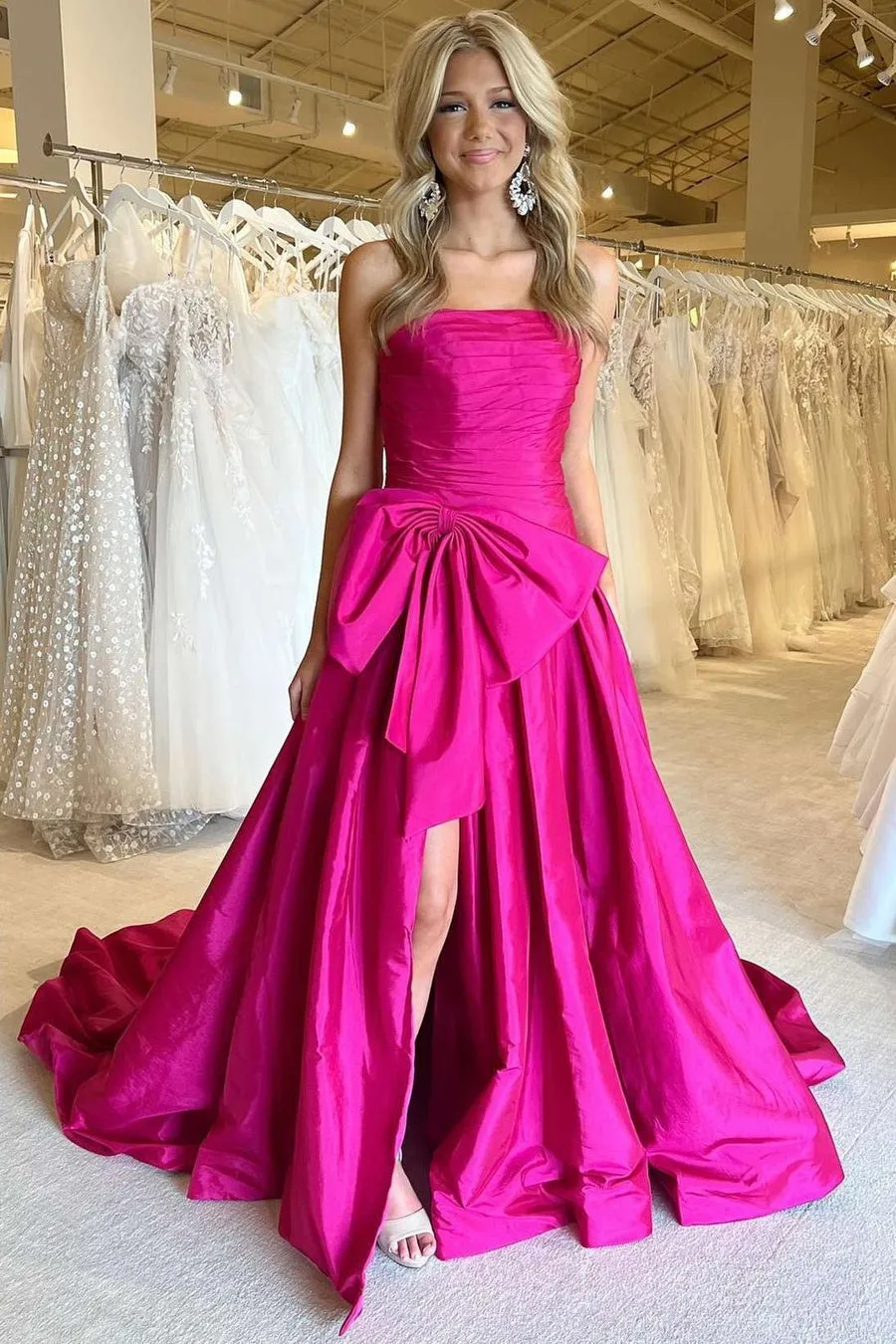 Charming A-line Strapless Hot Pink Satin Long Prom Dress with Slit lpk508