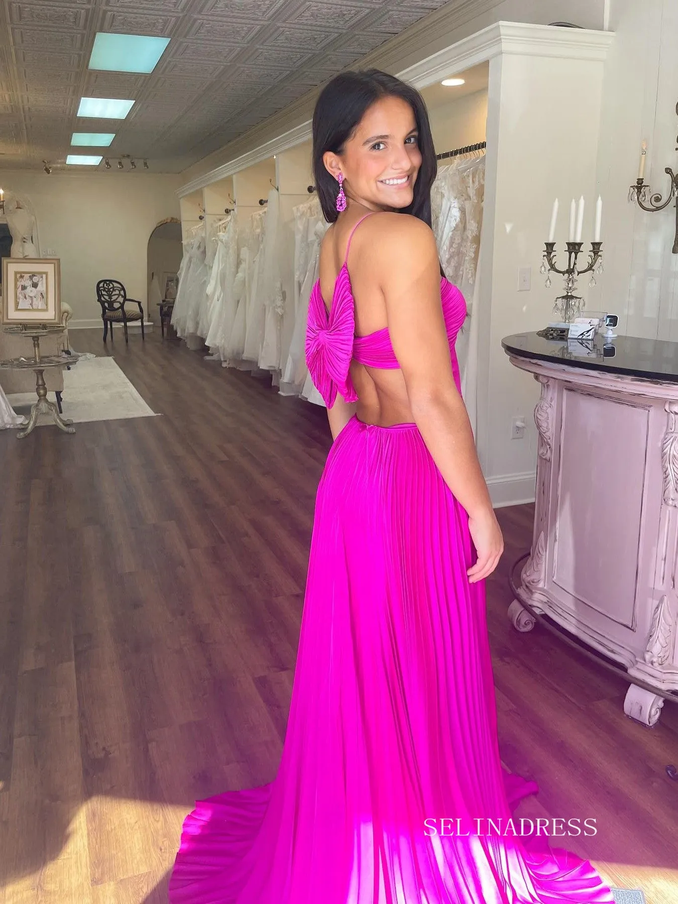Chic A-line Spaghetti Straps Long Prom Dresses Elegant Fuchsia Evening Dress sew0314