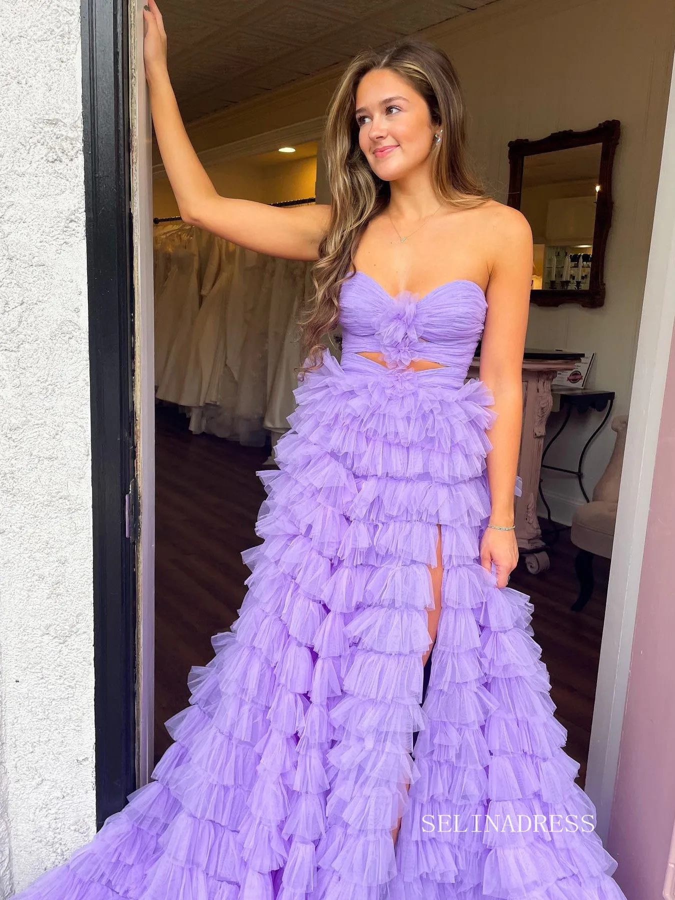 Chic A-line Sweetheart Long Prom Dresses Ruffles Elegant Lavender Evening Dress sew0315