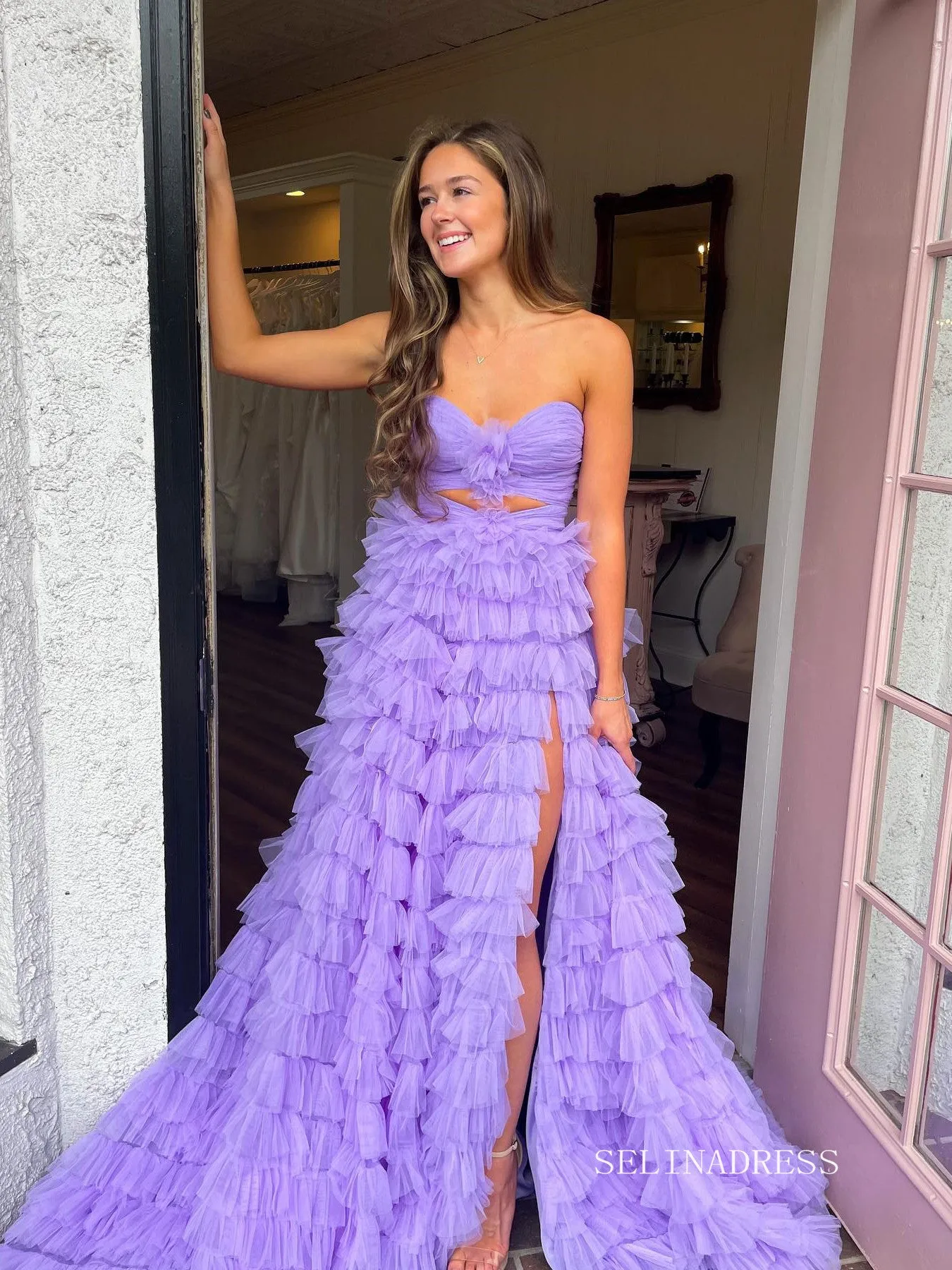 Chic A-line Sweetheart Long Prom Dresses Ruffles Elegant Lavender Evening Dress sew0315