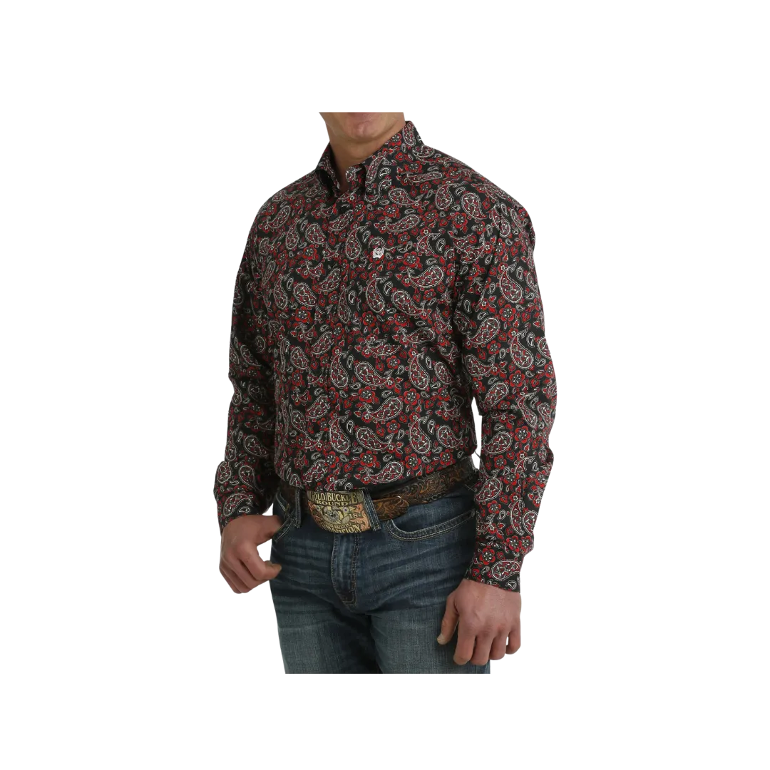 Cinch Men's Paisley Print Button Down Western Black Red Shirt