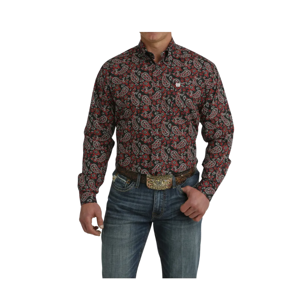 Cinch Men's Paisley Print Button Down Western Black Red Shirt