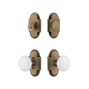 Cottage Entry Set with White Porcelain Knob in Antique Brass