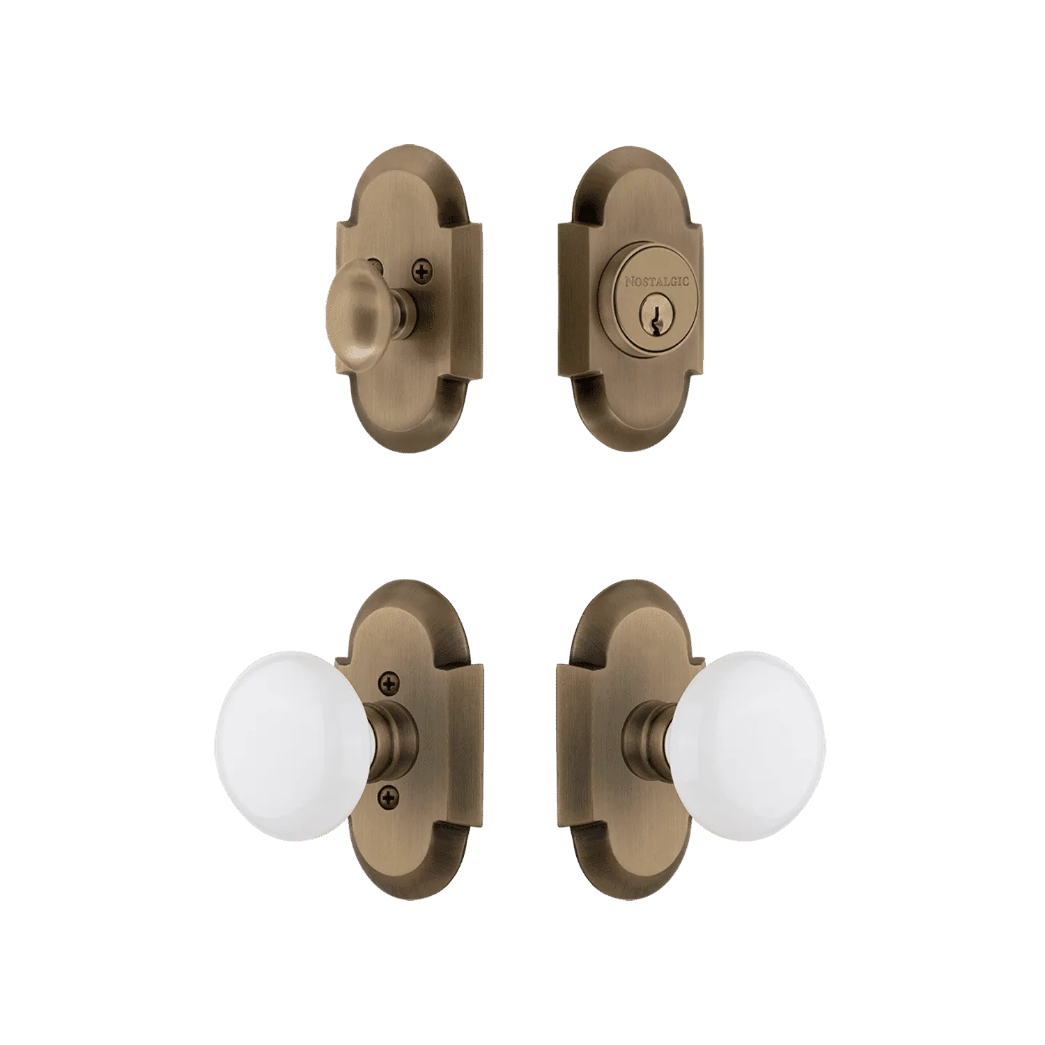 Cottage Entry Set with White Porcelain Knob in Antique Brass