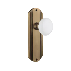 Deco Long Plate with White Porcelain Knob in Antique Brass