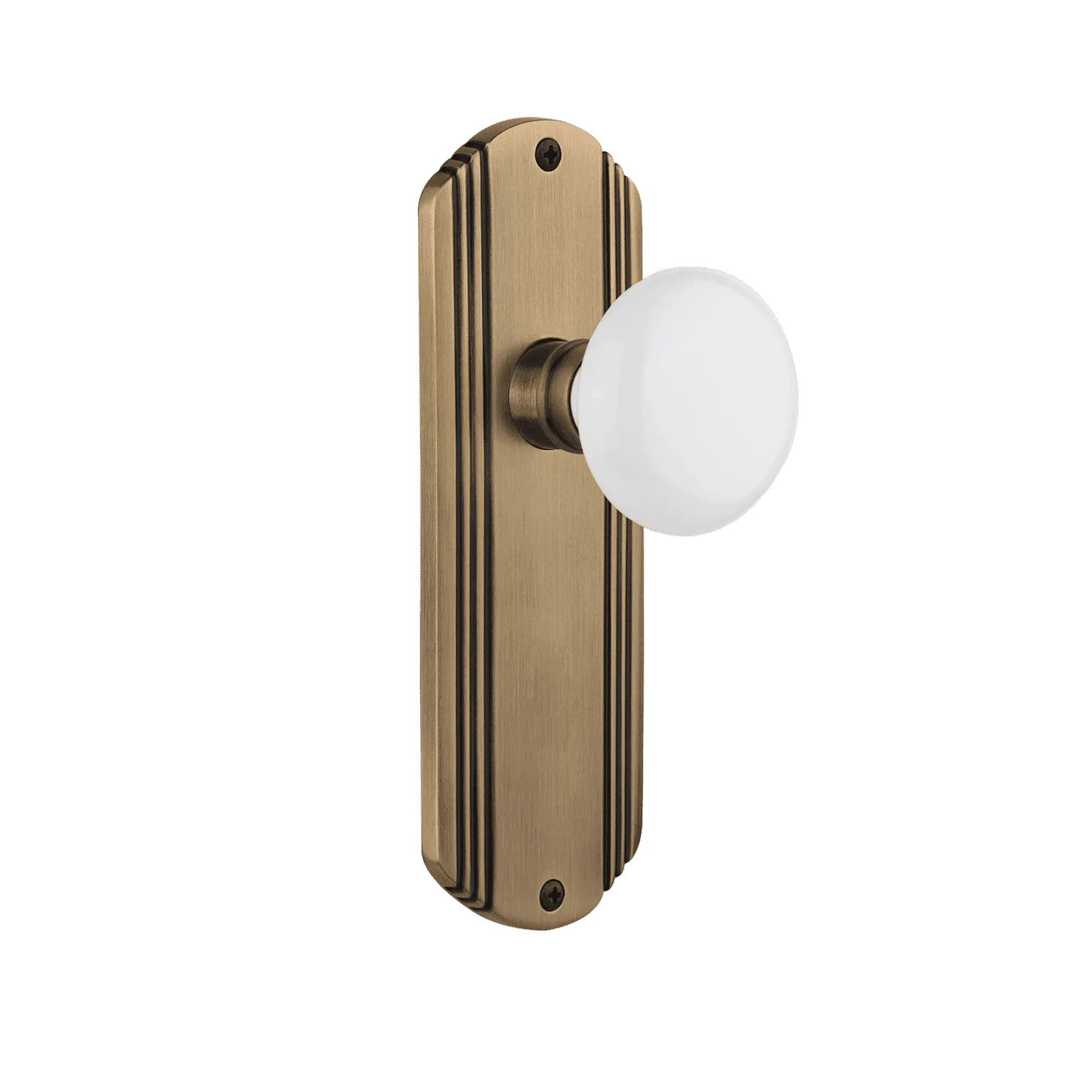 Deco Long Plate with White Porcelain Knob in Antique Brass