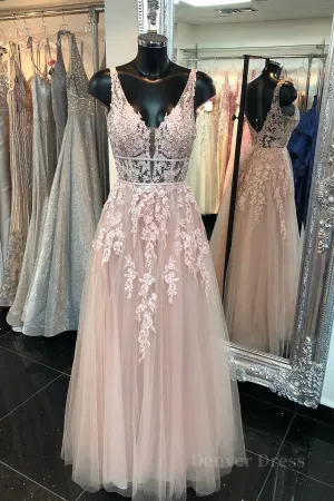 Deep V Neck Backless Pink Lace Long Prom Dress Long Pink Lace Formal Graduation Evening Dress