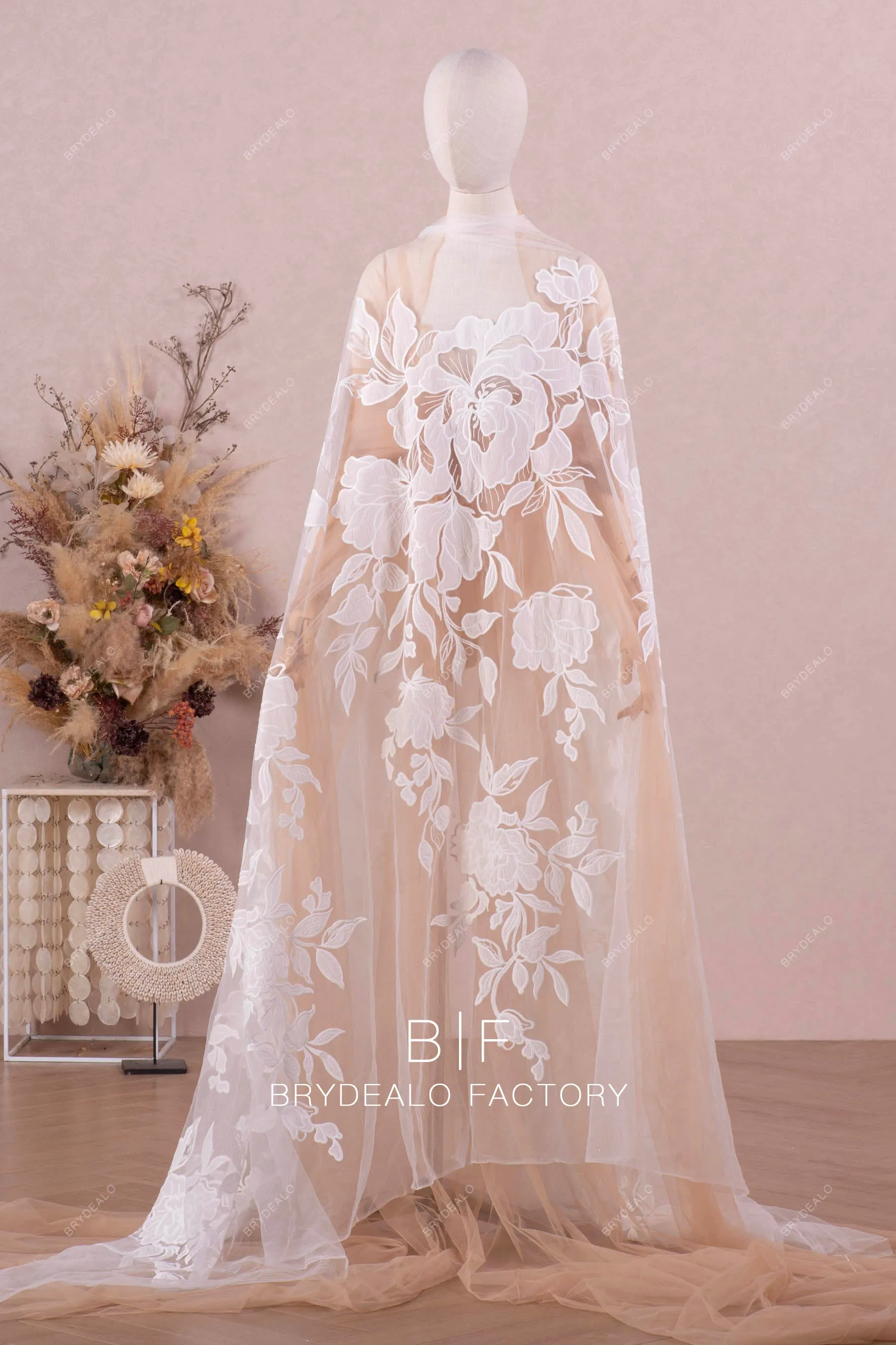 Designer Large Chiffon Embroidery Lotus Motif Lace Fabric