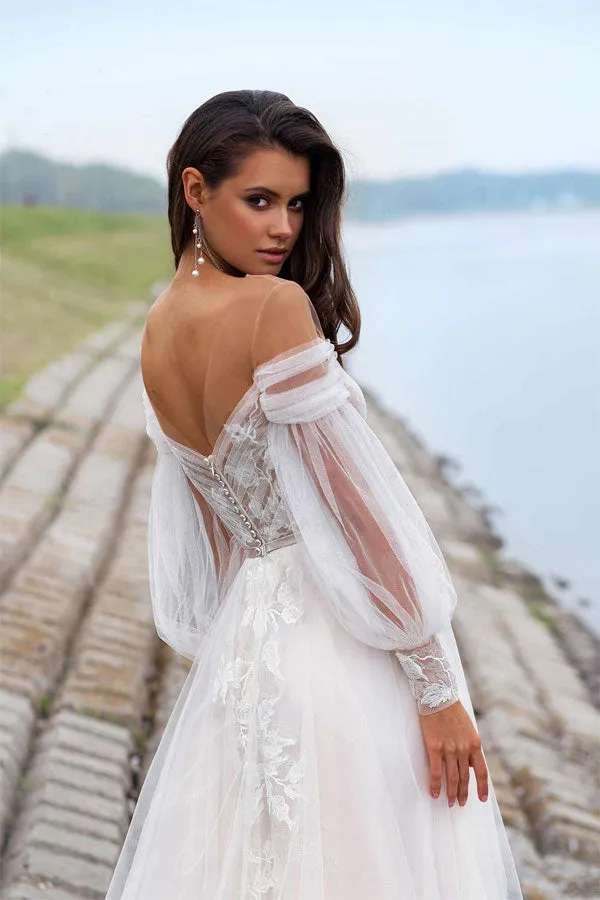 Elegant A Line Long Sleeve Tulle Wedding Dress With Lace Appliques