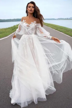 Elegant A Line Long Sleeve Tulle Wedding Dress With Lace Appliques