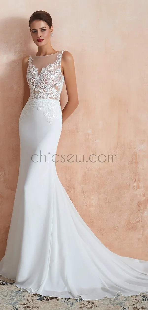 Elegant Romantic Mermaid Lace Sleeveless Round Meck Real Made Wedding Dresses LMX1180