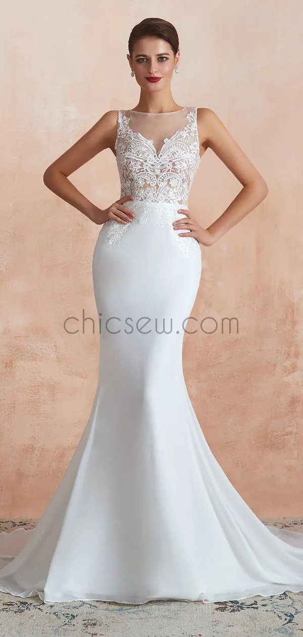Elegant Romantic Mermaid Lace Sleeveless Round Meck Real Made Wedding Dresses LMX1180