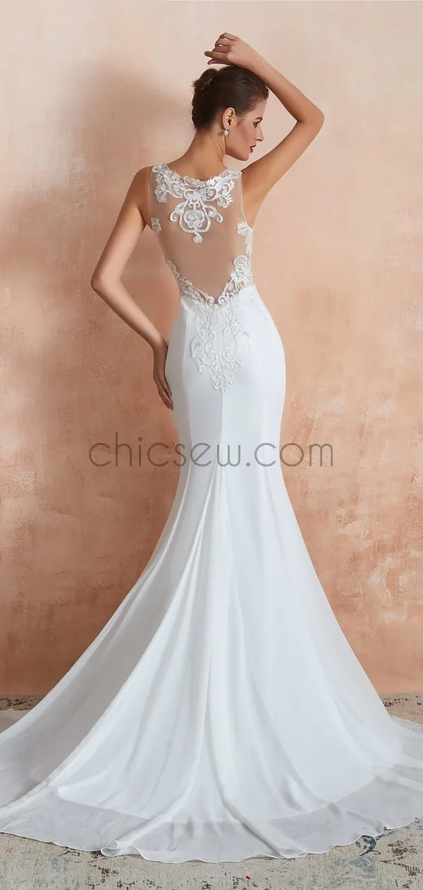 Elegant Romantic Mermaid Lace Sleeveless Round Meck Real Made Wedding Dresses LMX1180