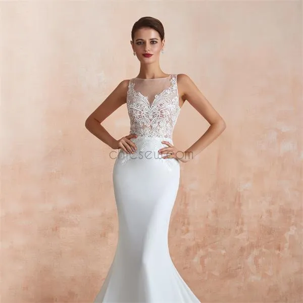 Elegant Romantic Mermaid Lace Sleeveless Round Meck Real Made Wedding Dresses LMX1180