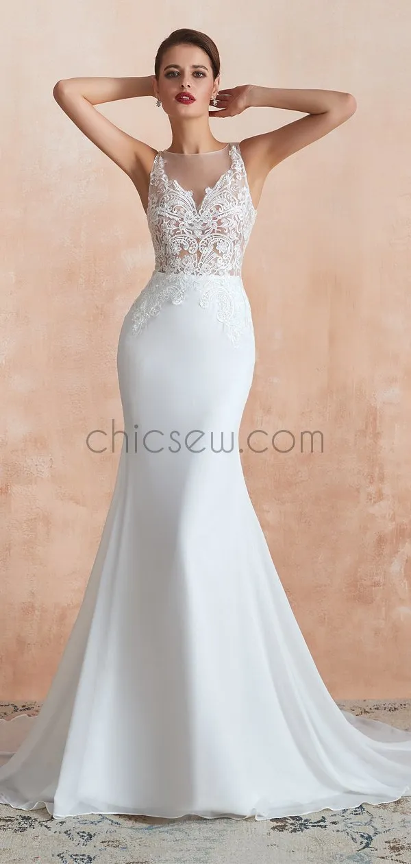 Elegant Romantic Mermaid Lace Sleeveless Round Meck Real Made Wedding Dresses LMX1180