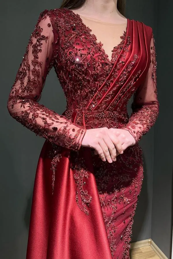 Elegant Ruby V-Neck Mermaid Floor-Length Long Sleeve Prom, Formal Dress