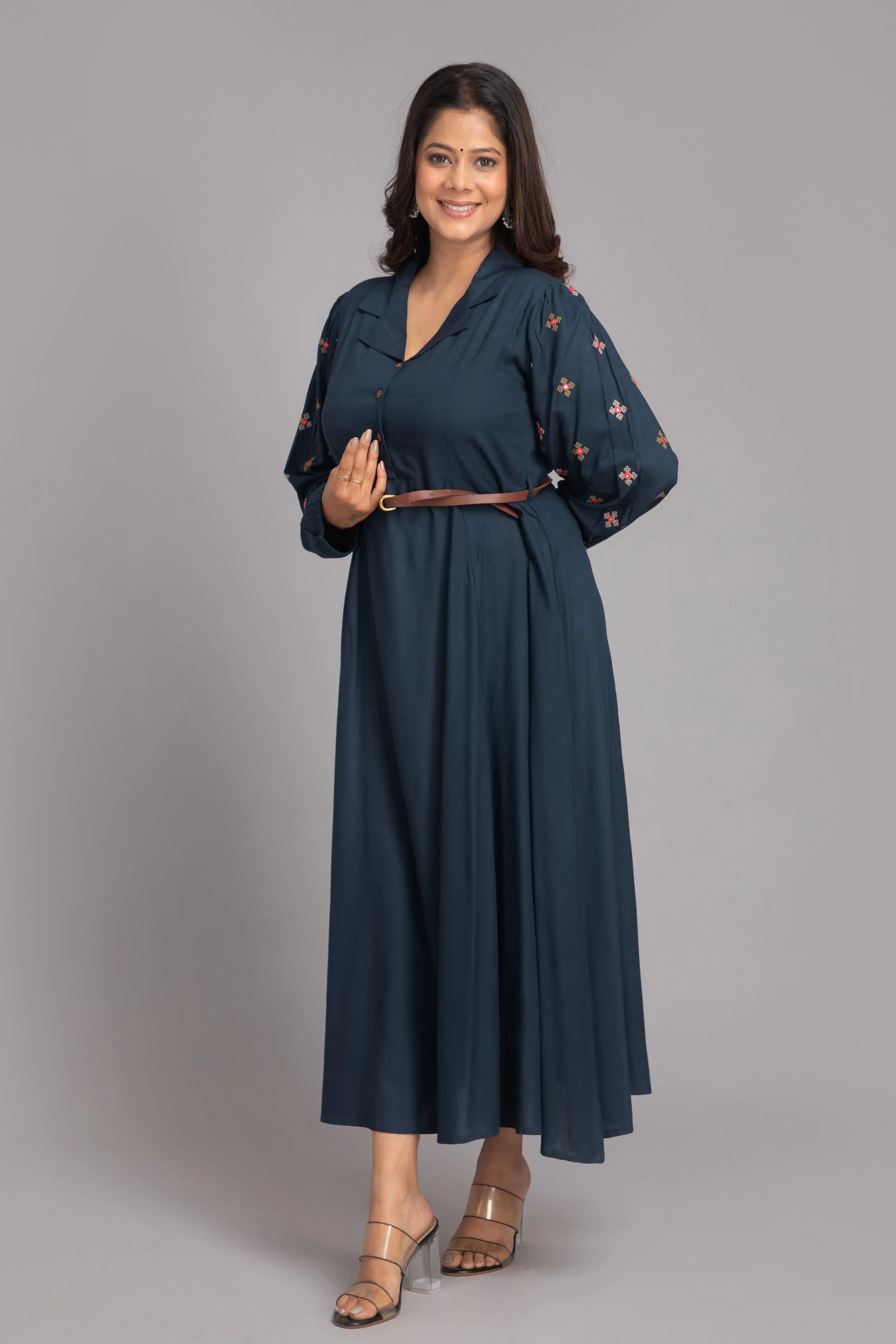 Embroidered Long Flared Dress
