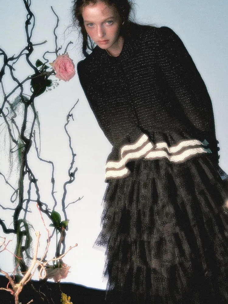 Floral Mesh Lace Neck Long Cake Dress【s0000004791】