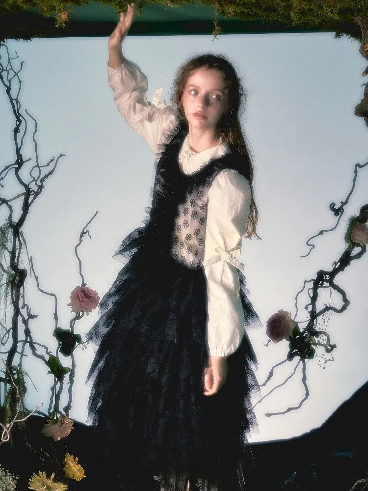 Floral Mesh Lace Neck Long Cake Dress【s0000004791】