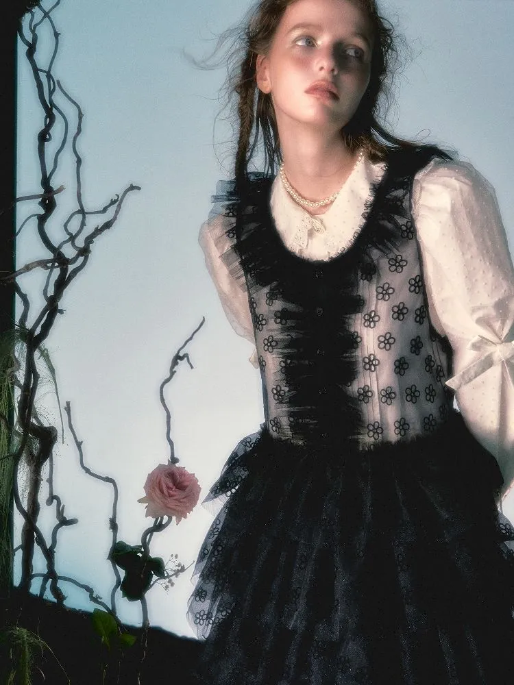 Floral Mesh Lace Neck Long Cake Dress【s0000004791】