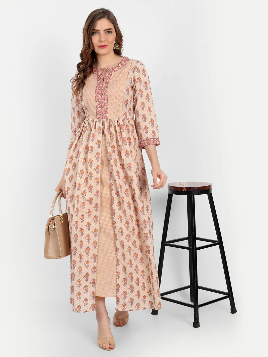Gold Printed Flared Long Dress with Lace Detail