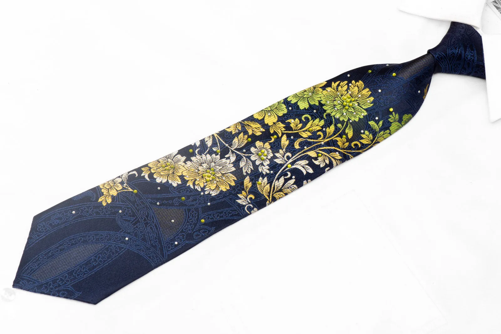 Green Floral On Navy Rhinestone Silk Tie With Silver Sparkles