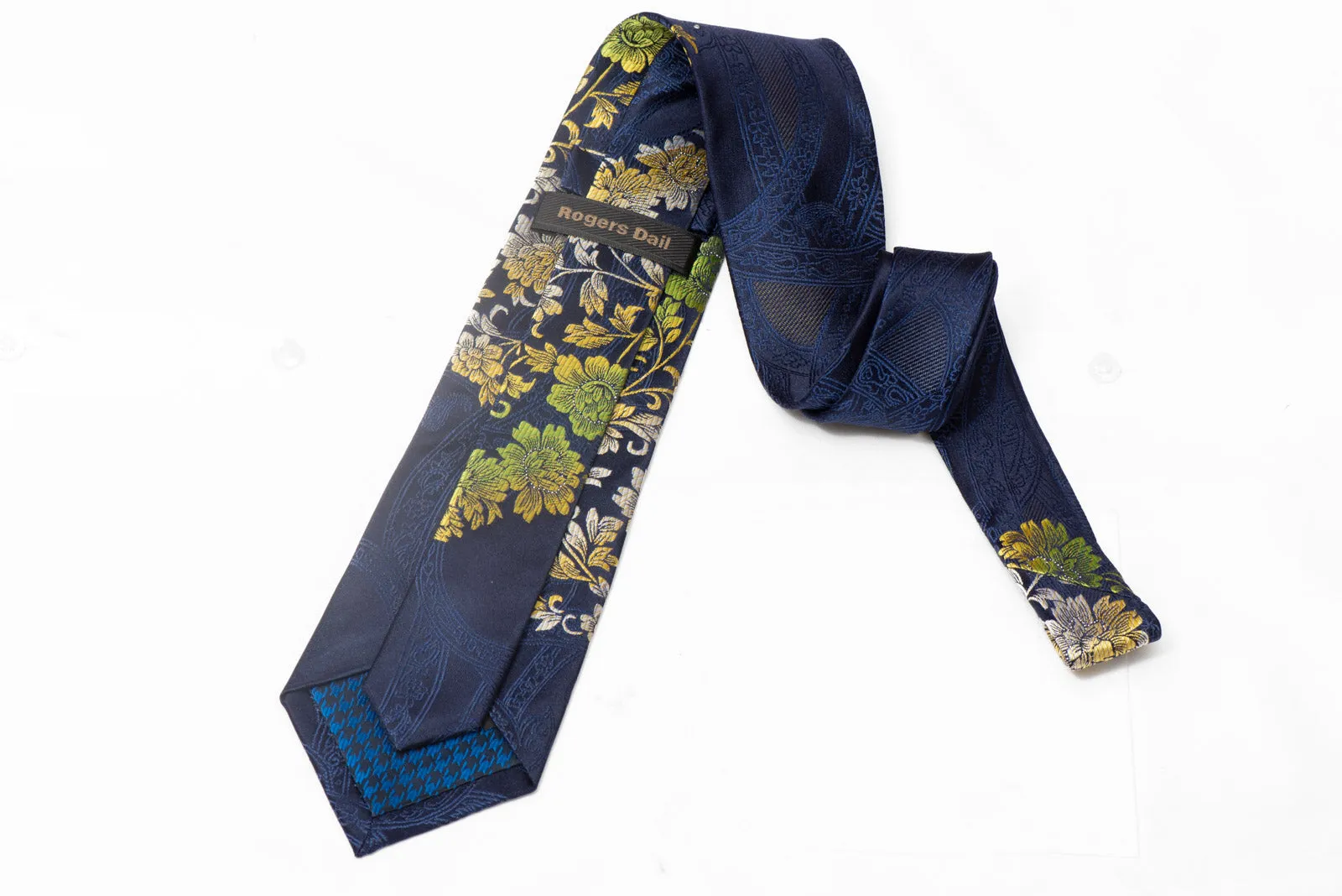 Green Floral On Navy Rhinestone Silk Tie With Silver Sparkles