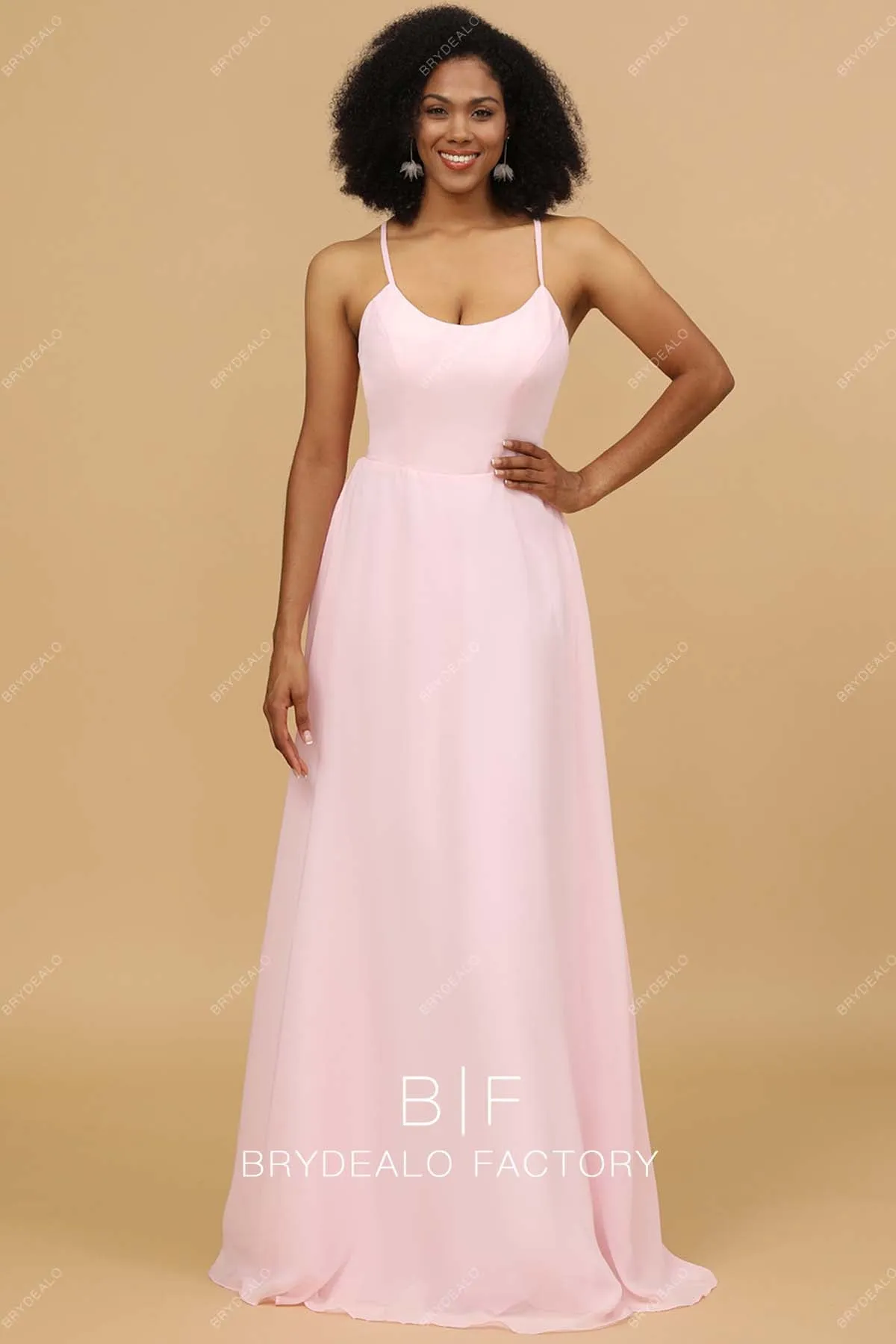 Heavenly Pink Chiffon Thin Straps Pockets Long Dress