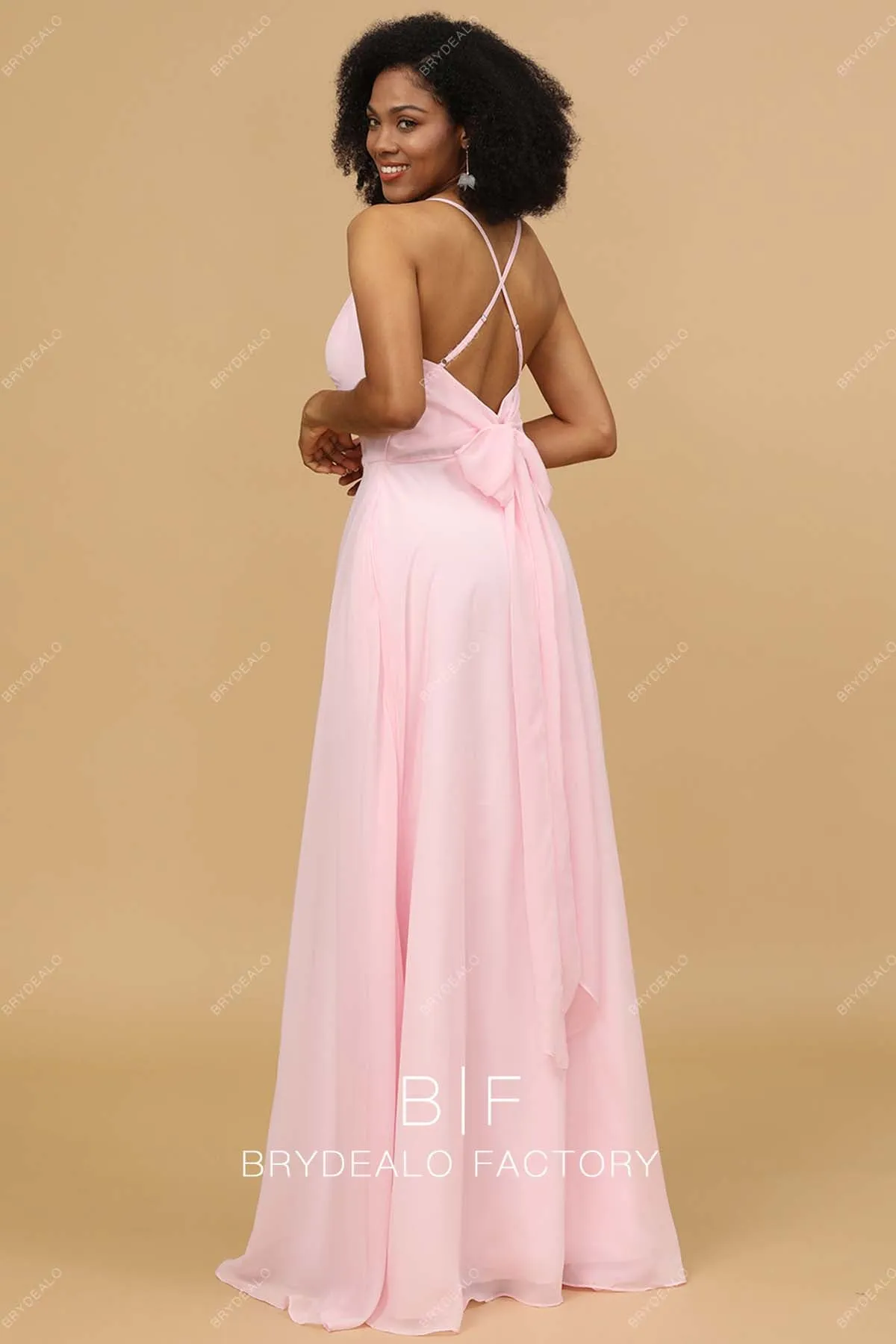 Heavenly Pink Chiffon Thin Straps Pockets Long Dress
