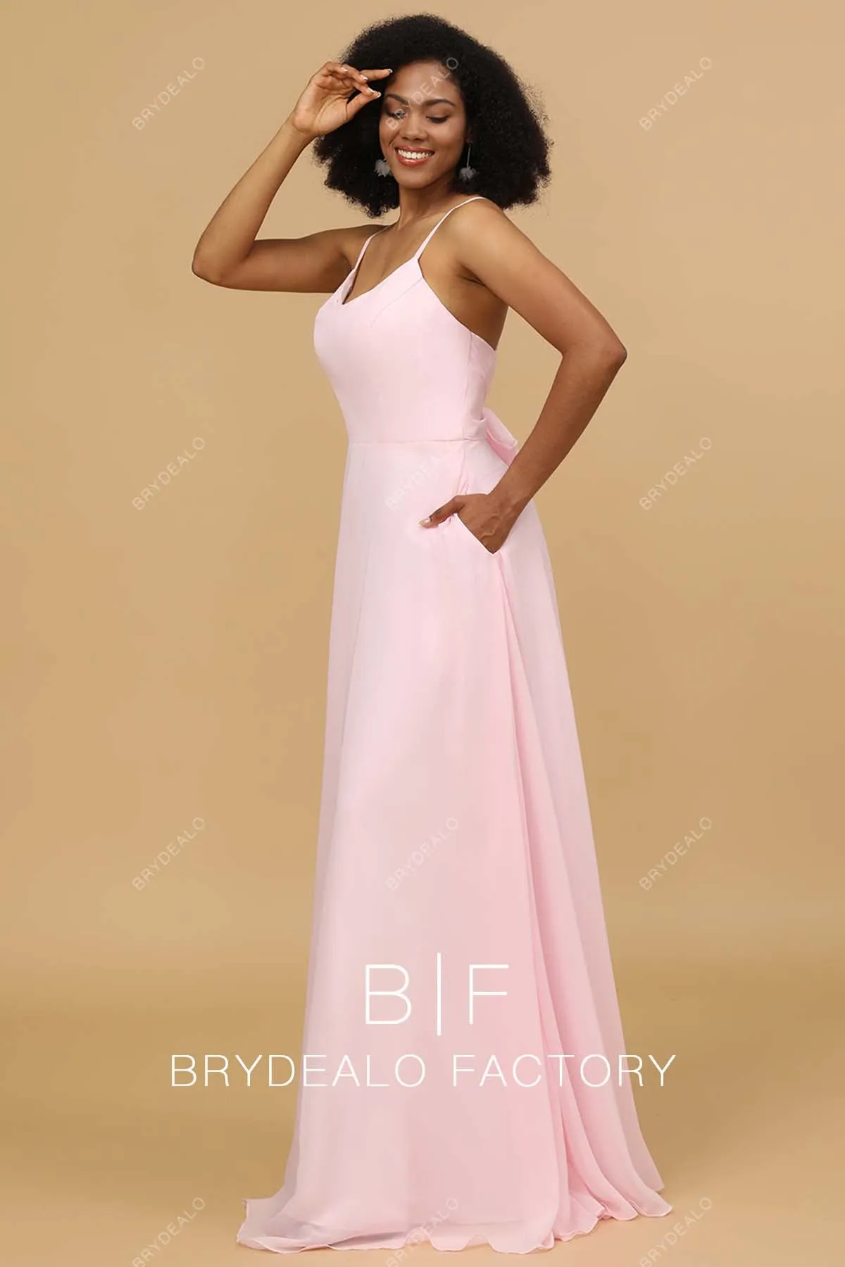 Heavenly Pink Chiffon Thin Straps Pockets Long Dress