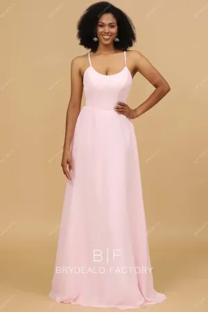 Heavenly Pink Chiffon Thin Straps Pockets Long Dress