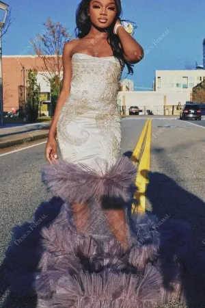 Ivory Sequin Sheer Navy Tulle Strapless Customized Prom Dress