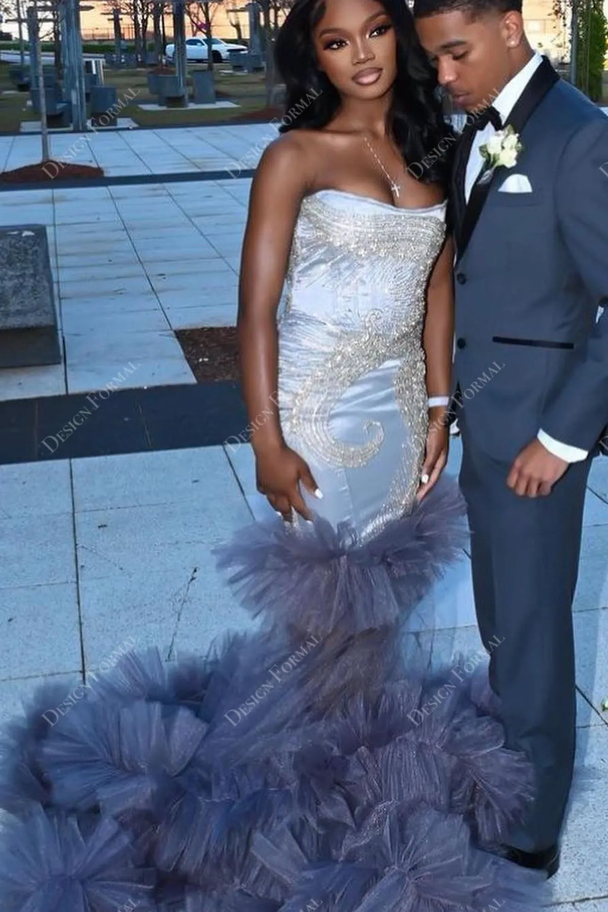Ivory Sequin Sheer Navy Tulle Strapless Customized Prom Dress