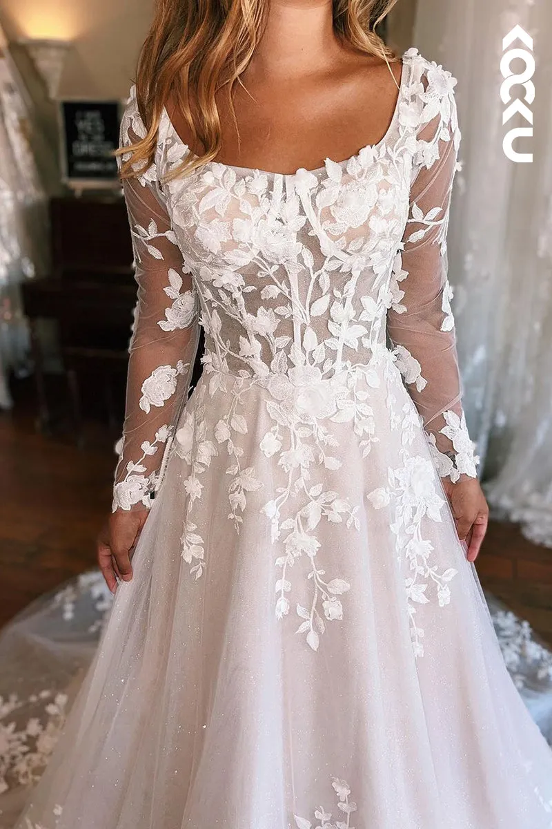 K1960 - Classic & Timeless Scoop Long Sleeves A-line Allover Appilique Wedding Dress