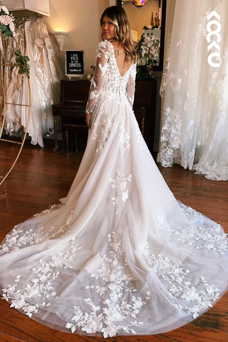 K1960 - Classic & Timeless Scoop Long Sleeves A-line Allover Appilique Wedding Dress