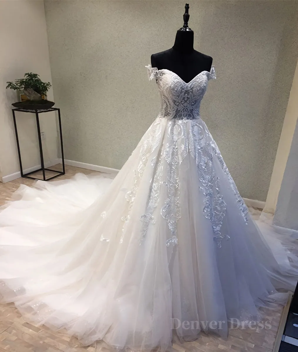 kamahe White sweetheart tulle lace applique long prom dress, wedding dress