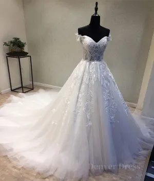 kamahe White sweetheart tulle lace applique long prom dress, wedding dress