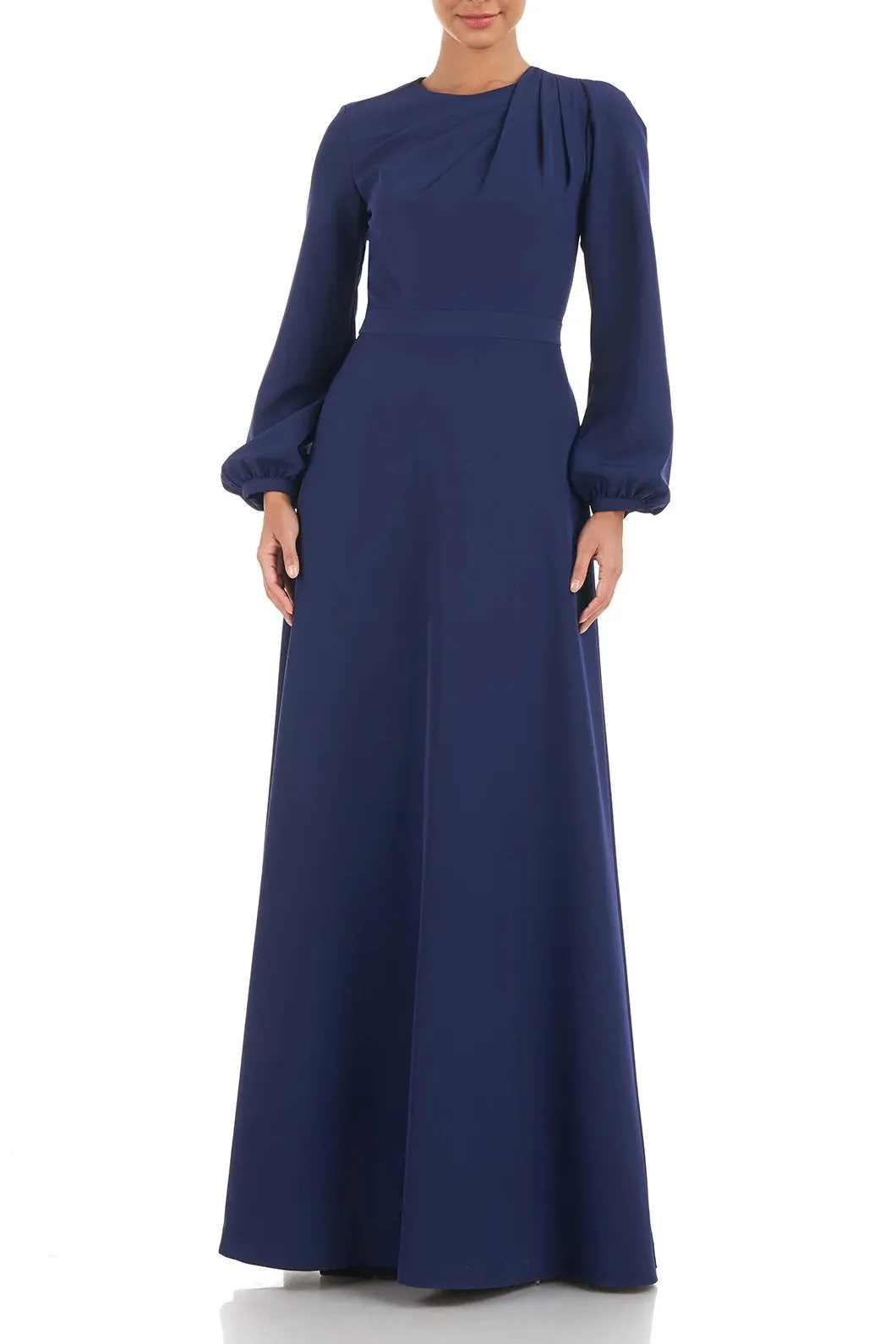 Kay Unger Crew Neck Long Sleeve Zipper Neck A-Line Stretch Crepe Gown