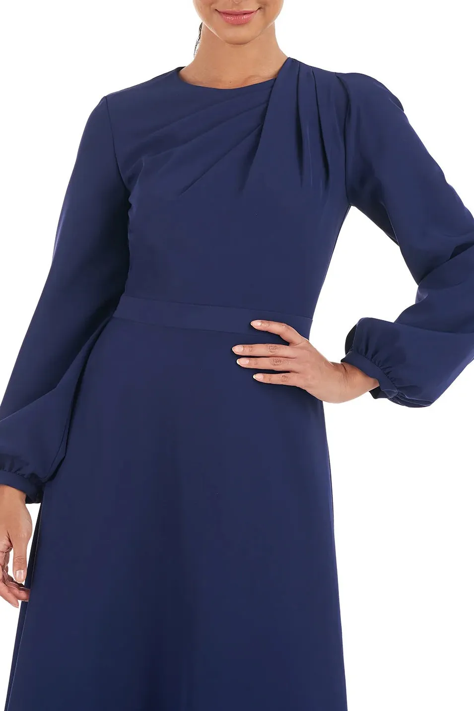 Kay Unger Crew Neck Long Sleeve Zipper Neck A-Line Stretch Crepe Gown