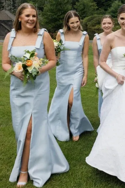 Light Blue Slit Bridesmaid Dress with Bow Tie Straps SEV009