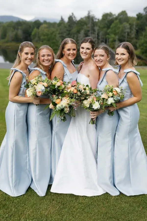 Light Blue Slit Bridesmaid Dress with Bow Tie Straps SEV009