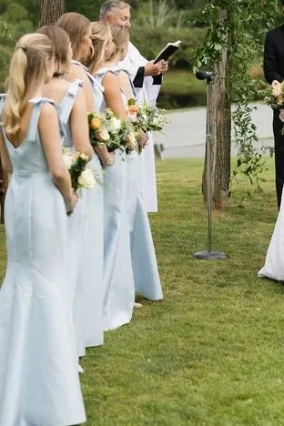Light Blue Slit Bridesmaid Dress with Bow Tie Straps SEV009