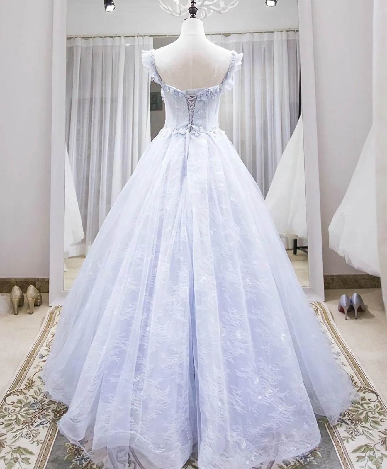 Light Blue Tulle Lace Long Prom Dress, Blue Evening Dress