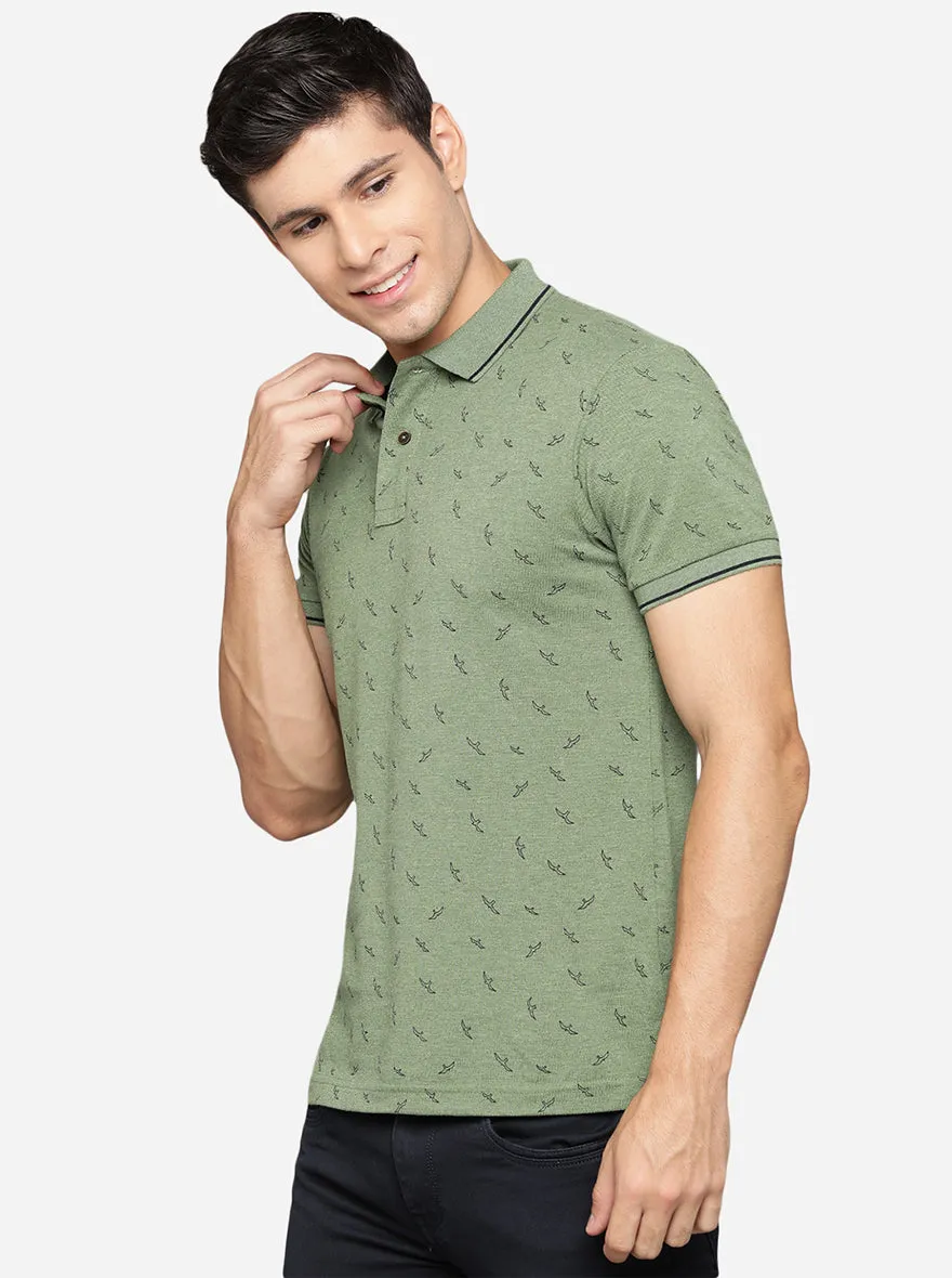 Light Green Printed Slim Fit Polo T-Shirt | Greenfibre
