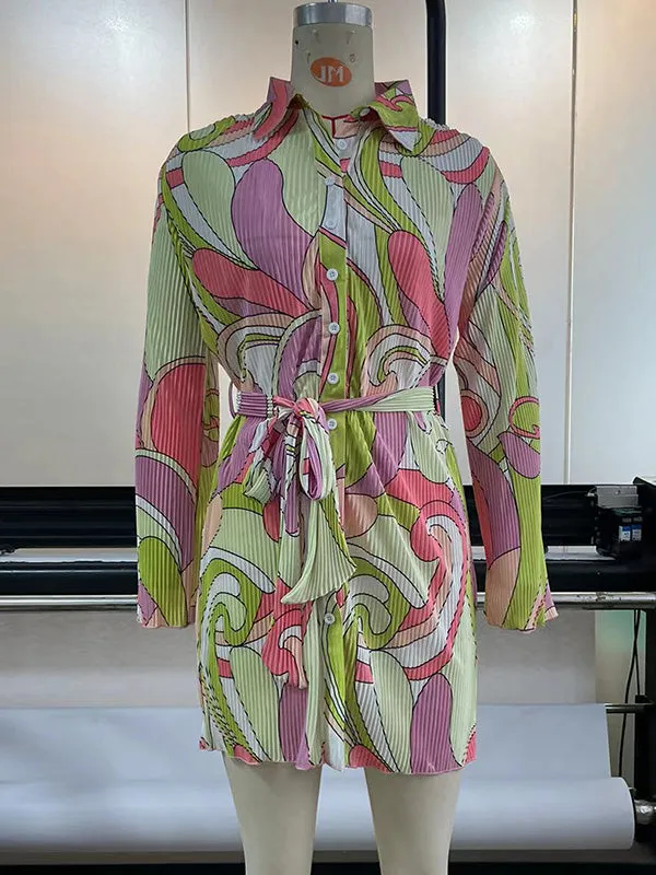 Long Sleeves Loose Buttoned Pleated Printed Tied Waist Lapel Mini Dresses
