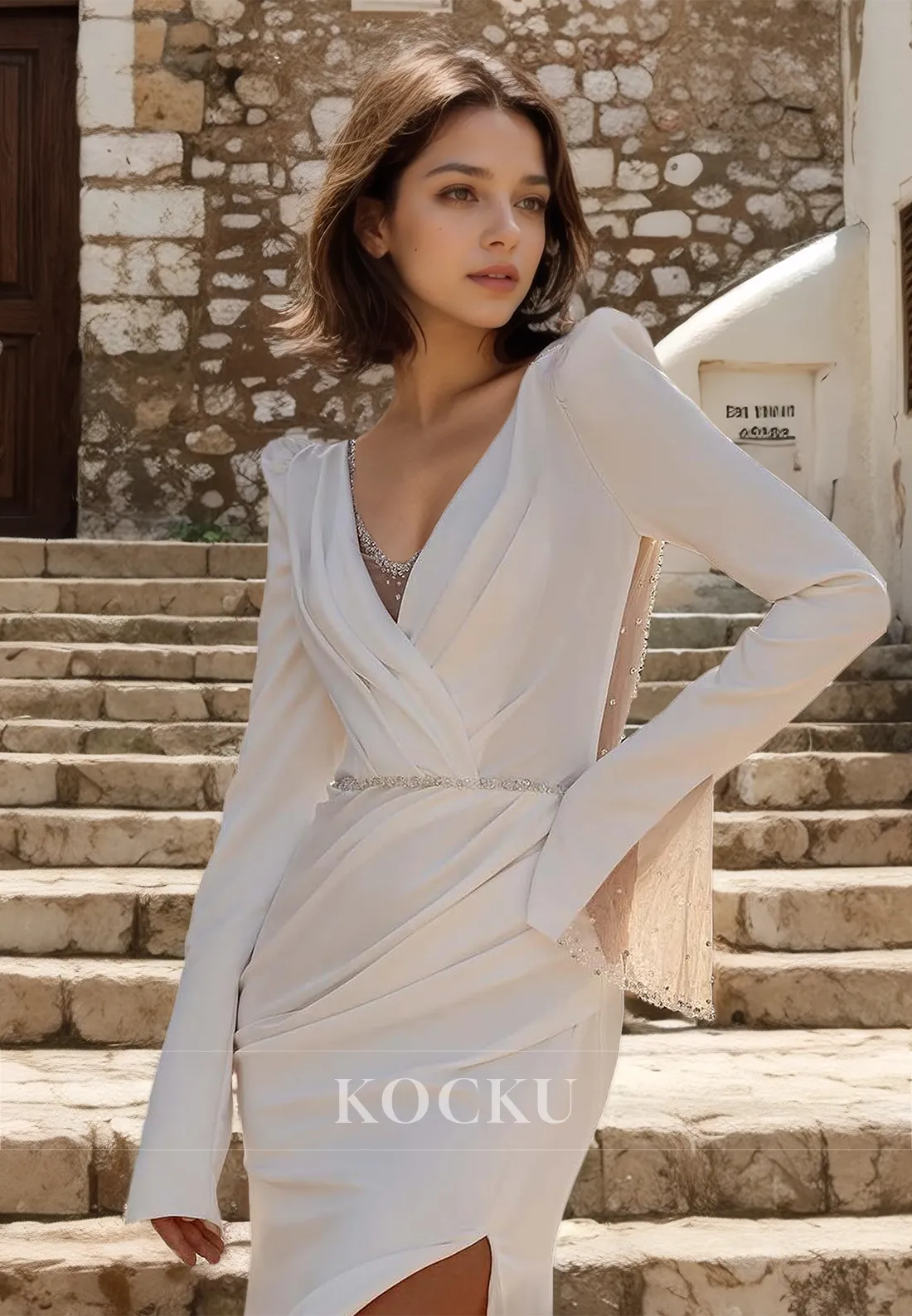 Long Sleeves V-Neck Sheath High Split Train Pleats Chiffon Wedding Dress with Beads Bridal Gowns