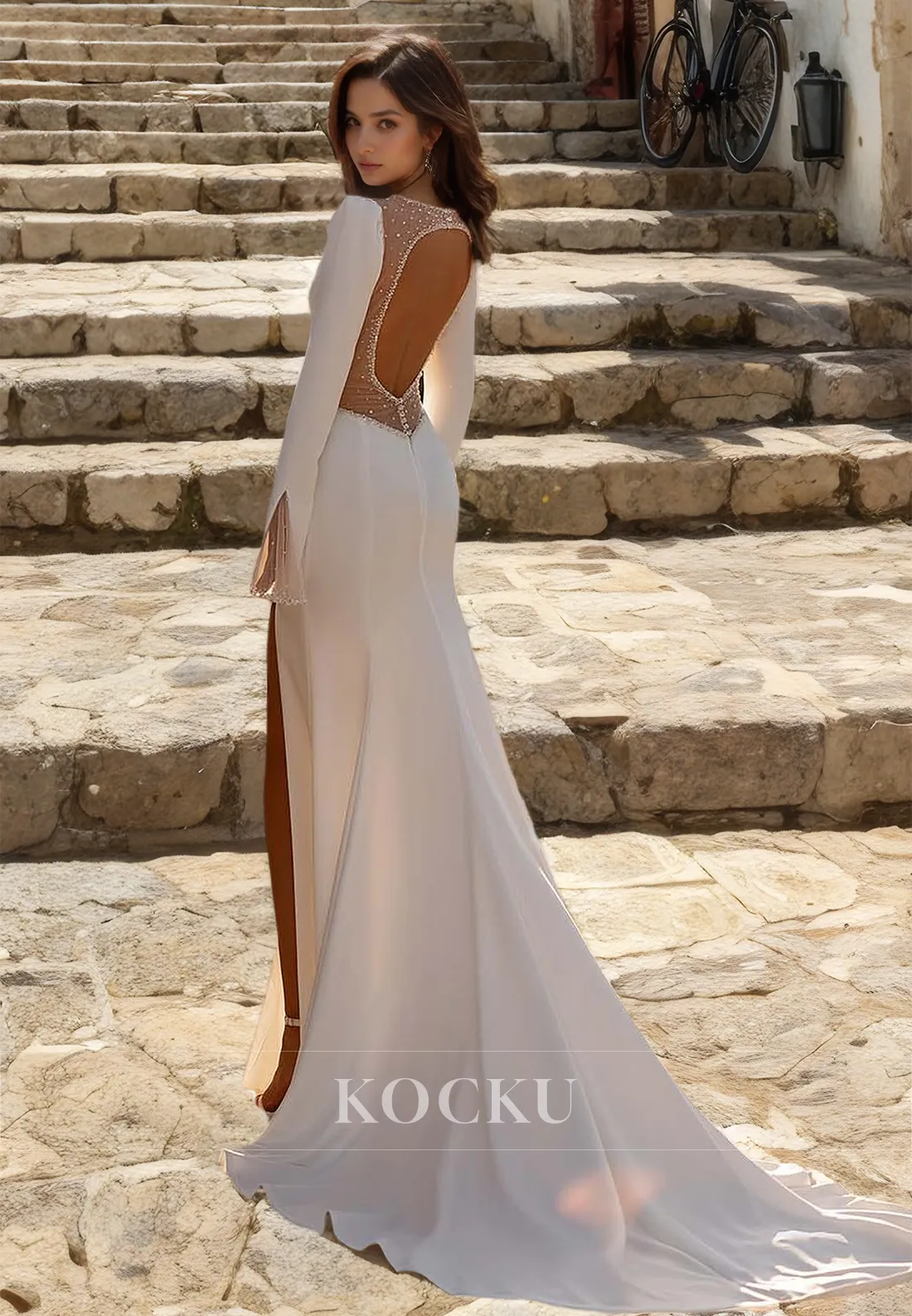 Long Sleeves V-Neck Sheath High Split Train Pleats Chiffon Wedding Dress with Beads Bridal Gowns
