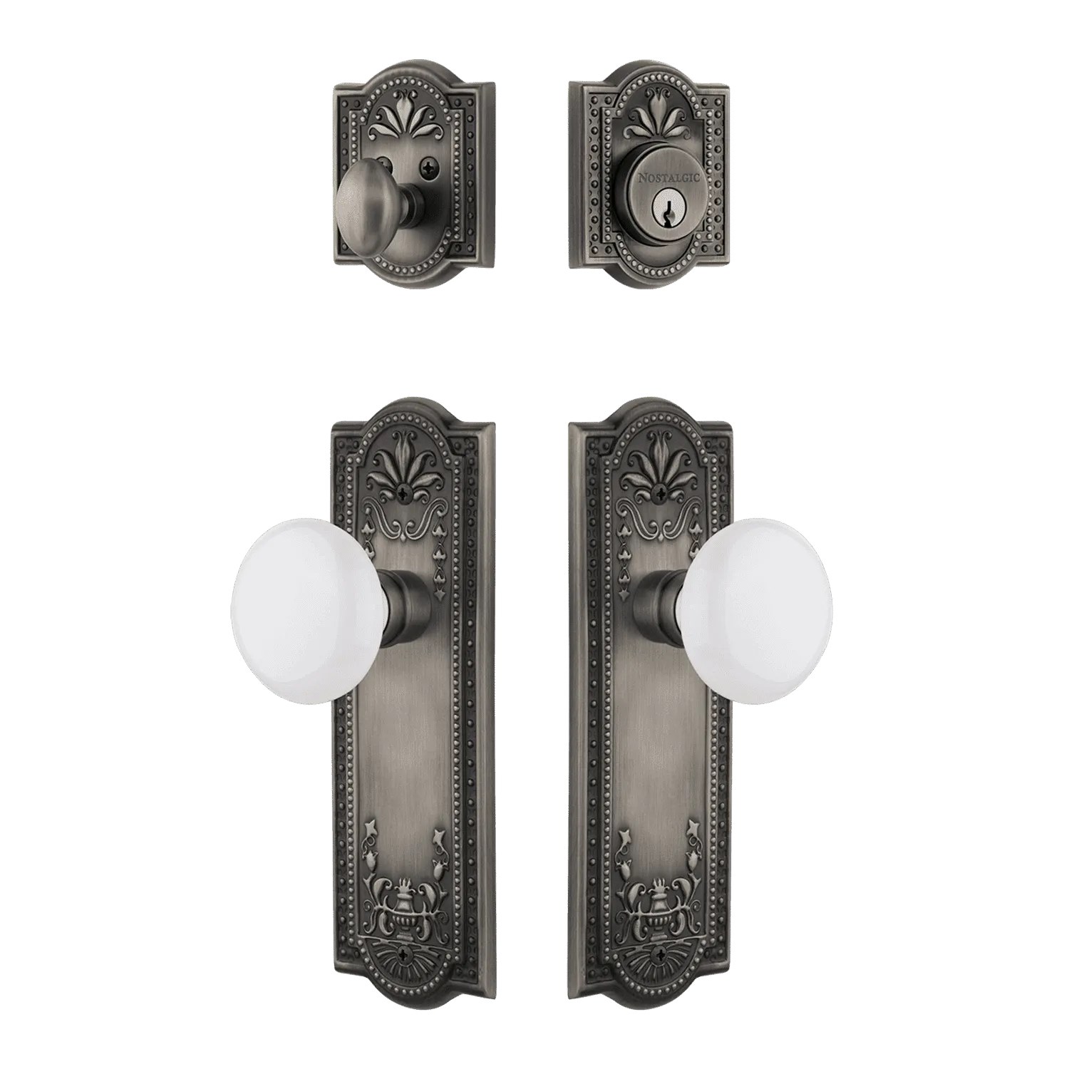 Meadows Entry Set with White Porcelain Knob in Antique Pewter