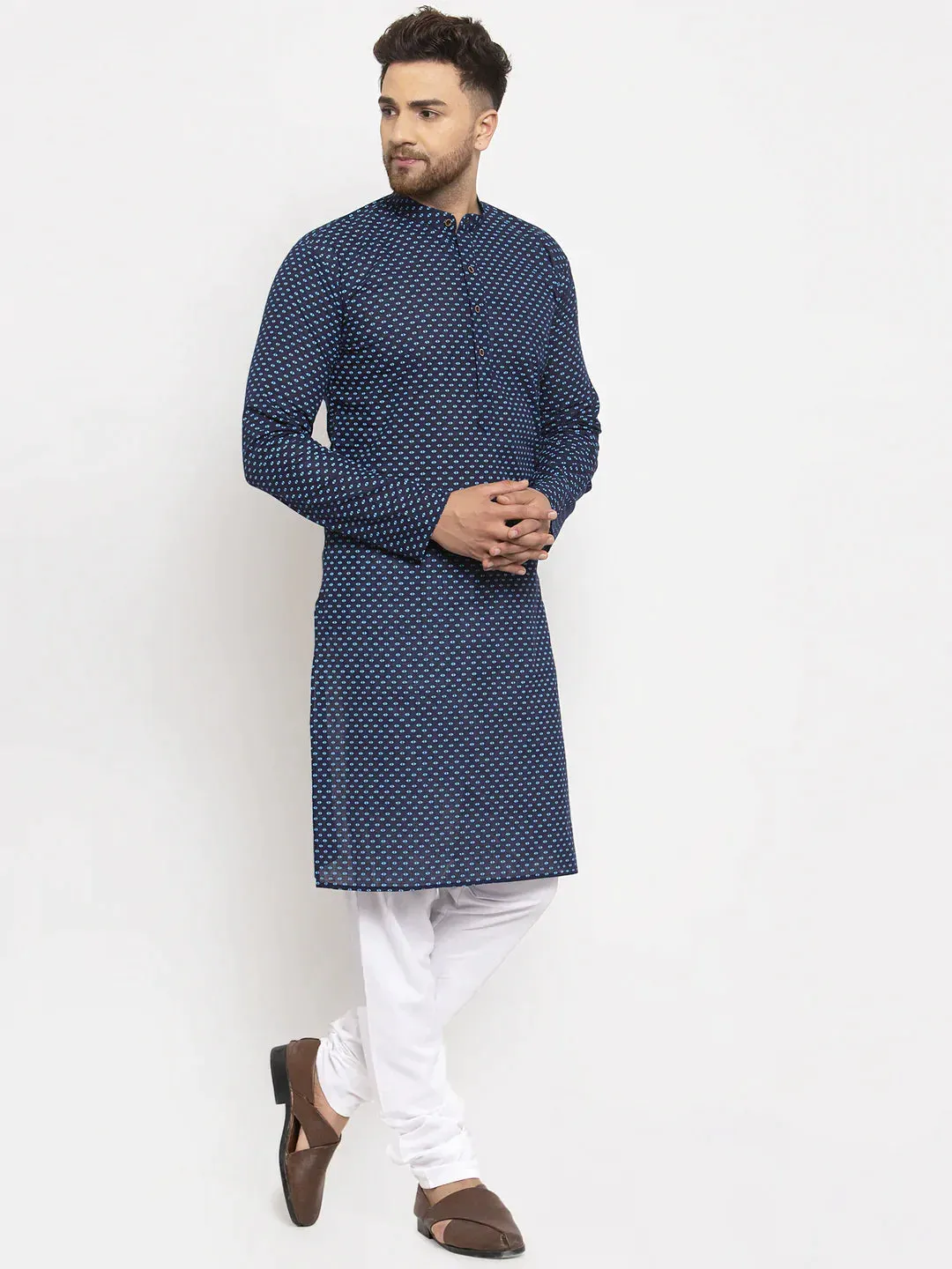 Men Blue Cotton Printed Kurta With Pyjamas