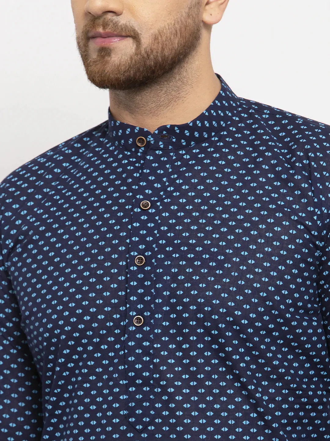 Men Blue Cotton Printed Kurta With Pyjamas